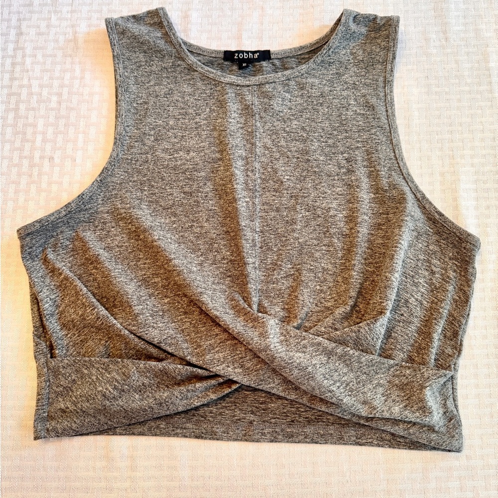 Zobha Womens Twist Front Cropped Tank Top Gray Sleeveless Activewear Size XL